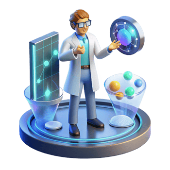 serene modern A scientist working on a holographic interface, surrounded by complex data visualizations. Futuristic style, cool colors, sense of innovation and discovery high quality png