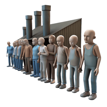 extraordinary abstract A group of emaciated humans, queuing for rations in a desolate industrial complex, photorealistic, dim and dusty lighting premium png