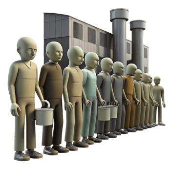 wonderful modern A group of emaciated humans, queuing for rations in a desolate industrial complex, photorealistic, dim and dusty lighting high quality png