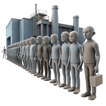 impressive modern A group of emaciated humans, queuing for rations in a desolate industrial complex, photorealistic, dim and dusty lighting premium png