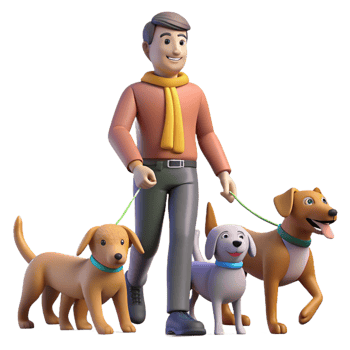 vibrant contemporary Dog walker with multiple dogs on leashes, playful scene, urban park setting, bright daylight high resolution png
