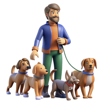 beautiful contemporary Dog walker with multiple dogs on leashes, playful scene, urban park setting, bright daylight exclusive png