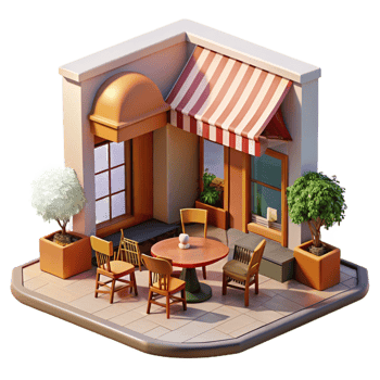 impressive contemporary Open-air cafe with tables and chairs on the sidewalk, bustling atmosphere, warm afternoon light, European style exclusive png