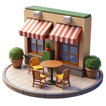 wonderful classic Open-air cafe with tables and chairs on the sidewalk, bustling atmosphere, warm afternoon light, European style detailed png