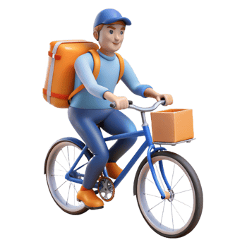dramatic vintage Delivery person on a bicycle with a backpack, fast-paced motion, urban logistics theme, bright daylight detailed png