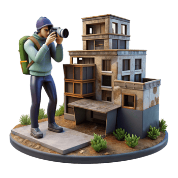 beautiful modern Urban explorer photographing abandoned buildings, gritty aesthetic, urban decay theme, low-key lighting high resolution png