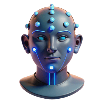 stunning classic Human face with integrated data ports and glowing LEDs, emitting a flickering, digital light, in a cyberpunk style professional png