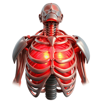 extraordinary rustic Biomechanical torso with exposed ribcage and artificial organs, illuminated by a pulsating, red light, in a horror style high resolution png