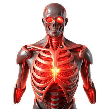 elegant artistic Biomechanical torso with exposed ribcage and artificial organs, illuminated by a pulsating, red light, in a horror style 4K png