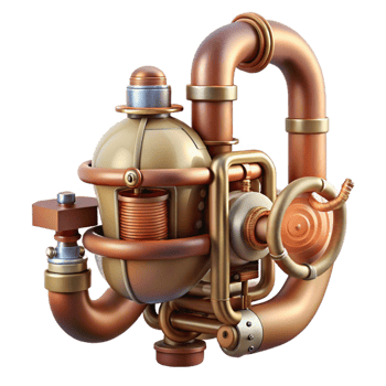 wonderful rustic Biomechanical digestive system with exposed pipes and filters, exhibiting a tarnished, copper finish, in a steampunk style 4K png