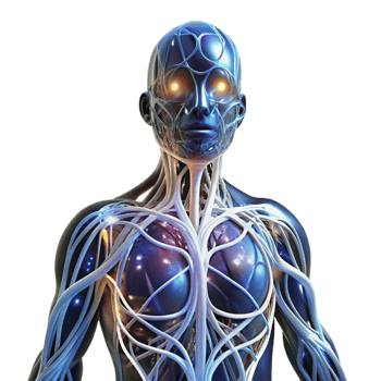 vibrant rustic Human nervous system represented by intricate, glowing wires, transmitting electrical impulses, in a science fiction style high quality png