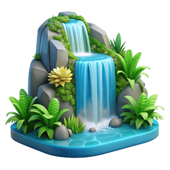 vibrant minimalist A cascading waterfall surrounded by lush tropical foliage, vibrant greens and blues, photorealistic rendering exclusive png