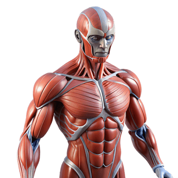 wonderful creative Human muscular system augmented with artificial fibers and actuators, exhibiting a rippling, dynamic texture, in a biopunk style premium png