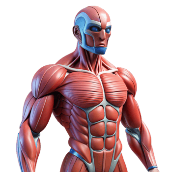 extraordinary contemporary Human muscular system augmented with artificial fibers and actuators, exhibiting a rippling, dynamic texture, in a biopunk style authentic png