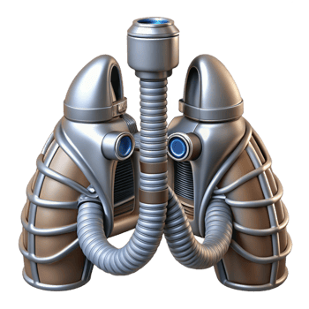 serene traditional Biomechanical respiratory system with integrated bellows and vents, crafted from brushed aluminum, in a cyberpunk aesthetic exclusive png