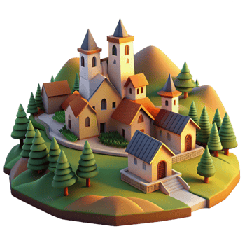 impressive contemporary A medieval village nestled in a peaceful valley, surrounded by rolling hills and farmland, bathed in the warm glow of a setting sun, in a pastoral landscape style genuine png