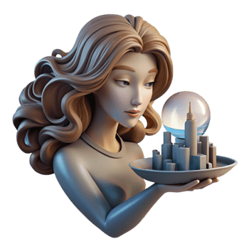 vibrant artistic A woman with hair made of flowing water holding a mirror reflecting a cityscape turned upside down, lit by the reflection's lights, Symbolism style 4K png