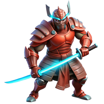 beautiful abstract A muscular, battle-worn samurai with glowing crimson armor, wielding a katana that emits a faint blue aura, under dramatic, chiaroscuro lighting. Style Attack on Titan premium png