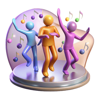 impressive contemporary A group of human figures with elongated limbs dancing in a zero-gravity environment filled with floating musical notes, lit by multicolored stage lights, Abstract style genuine png
