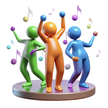 wonderful traditional A group of human figures with elongated limbs dancing in a zero-gravity environment filled with floating musical notes, lit by multicolored stage lights, Abstract style 4K png