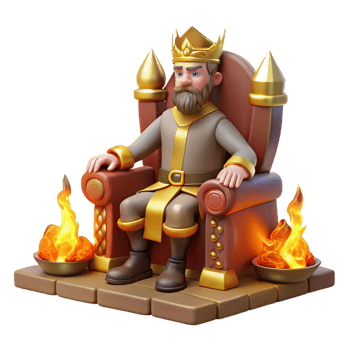 vibrant contemporary A regal king sitting on a throne of carved stone, wearing a crown of gold and jewels, illuminated by the warm glow of a fireplace. Medieval fantasy art style genuine png