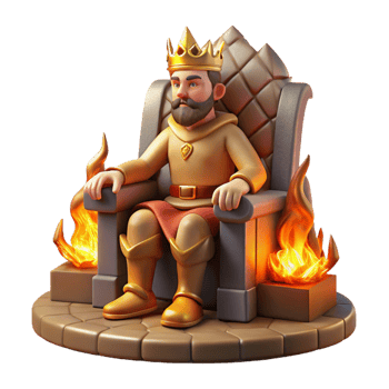 magnificent contemporary A regal king sitting on a throne of carved stone, wearing a crown of gold and jewels, illuminated by the warm glow of a fireplace. Medieval fantasy art style 4K png
