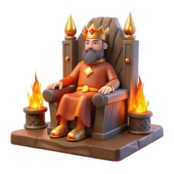 wonderful artistic A regal king sitting on a throne of carved stone, wearing a crown of gold and jewels, illuminated by the warm glow of a fireplace. Medieval fantasy art style original png