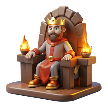 extraordinary abstract A regal king sitting on a throne of carved stone, wearing a crown of gold and jewels, illuminated by the warm glow of a fireplace. Medieval fantasy art style premium png