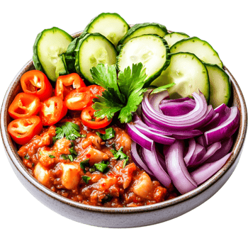 Fresh Ingredients with Savory Spicy Dish in Bowl on Wooden Table png