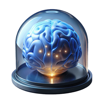 impressive vintage A human brain encased in a transparent glass dome, filled with swirling liquid and glowing neurons, cool, scientific lighting, medical illustration style exclusive png