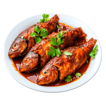 Grilled Fish in Tangy Sauce Garnished with Fresh Herbs and Spices png