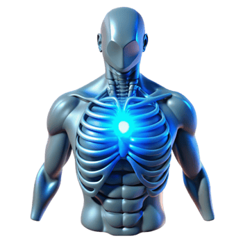 wonderful creative A human torso with exposed ribs and a glowing core of energy, ethereal blue glow, cyberpunk style premium png