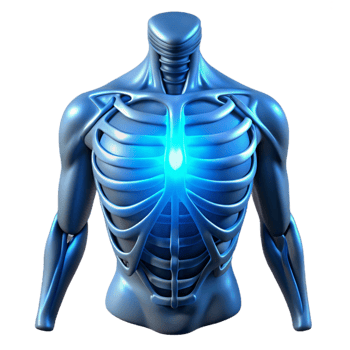 stunning artistic A human torso with exposed ribs and a glowing core of energy, ethereal blue glow, cyberpunk style authentic png