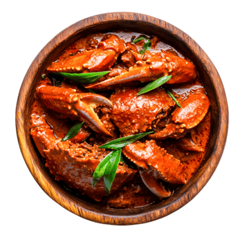 Succulent Crab Dish in Spicy Sauce with Green Garnish in Wooden Bowl png