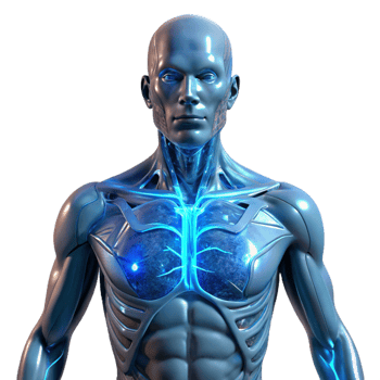 stunning creative A human torso with intricate circuitry woven into the musculature, ethereal blue glow, biopunk style original png