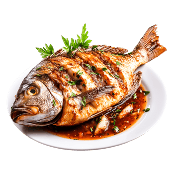 Grilled Whole Fish with Herbs and Sauce on White Plate Garnished with Greens png