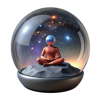 vibrant vintage A solitary space traveler meditating inside a transparent bubble habitat, surrounded by the breathtaking panorama of a distant galaxy. Zen style, peaceful atmosphere original png