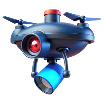 magnificent minimalist A massive surveillance drone hovering over a deserted street, its red eye scanning the surroundings, lit by a cold, blue searchlight. Photorealistic style detailed png