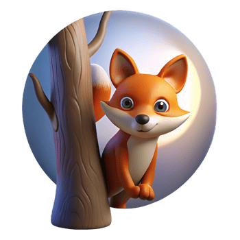 wonderful contemporary A sly fox with a bushy tail, peering out from behind a tree, illuminated by the soft glow of moonlight, in a cunning, folk art style premium png