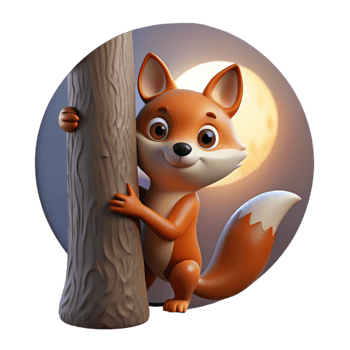 dramatic creative A sly fox with a bushy tail, peering out from behind a tree, illuminated by the soft glow of moonlight, in a cunning, folk art style authentic png