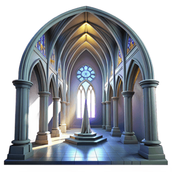 wonderful minimalist Gothic cathedral interior, stained glass windows depicting abstract shapes, ethereal light beams, dust motes, hyperrealistic style original png
