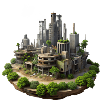 serene contemporary Post-apocalyptic cityscape, ruined buildings, overgrown vegetation, smoky sky, dystopian setting, digital painting, 4K png