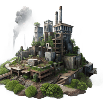extraordinary abstract Post-apocalyptic cityscape, ruined buildings, overgrown vegetation, smoky sky, dystopian setting, digital painting, authentic png