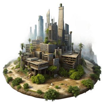 stunning creative Post-apocalyptic cityscape, ruined buildings, overgrown vegetation, smoky sky, dystopian setting, digital painting, 4K png