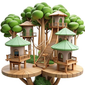 wonderful modern Treehouse village, interconnected wooden platforms, rope bridges, forest canopy, whimsical atmosphere, digital art, high quality png