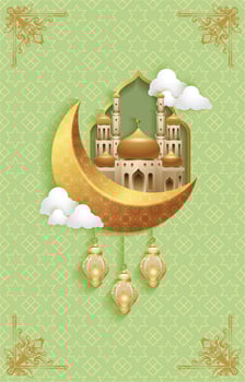 Islamic greeting card with crescent moon, mosque and lanterns, and green background vector