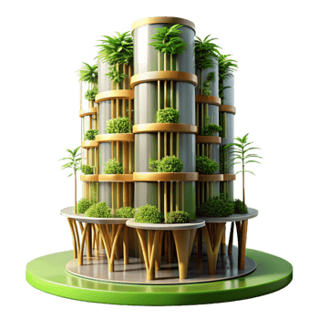 dramatic rustic Bamboo skyscraper, sustainable construction, vertical gardens, natural ventilation, futuristic concept, digital art, genuine png