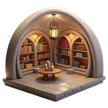 serene traditional Underground library, vaulted ceilings, bookshelves lining the walls, warm lighting, cozy atmosphere, digital painting, high quality png