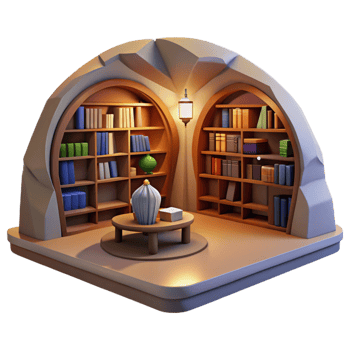 impressive rustic Underground library, vaulted ceilings, bookshelves lining the walls, warm lighting, cozy atmosphere, digital painting, premium png