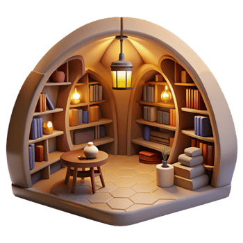 dramatic artistic Underground library, vaulted ceilings, bookshelves lining the walls, warm lighting, cozy atmosphere, digital painting, high resolution png